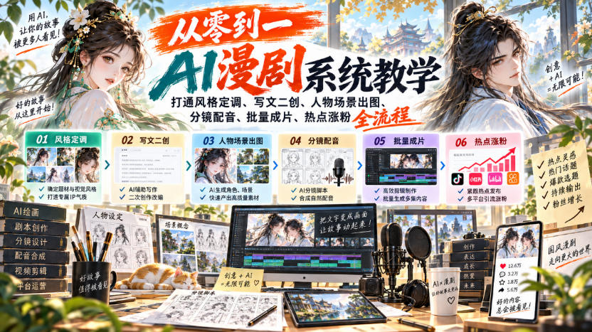 从零到一AI漫剧系统教学,打通风格定调、写文二创、人物场景出图、分镜配音、批量成片、热点涨粉全流程 从零到一AI漫剧系统教学,打通风格定调、写文二创、人物场景出图、分镜配音、批量成片、热点涨粉全流程