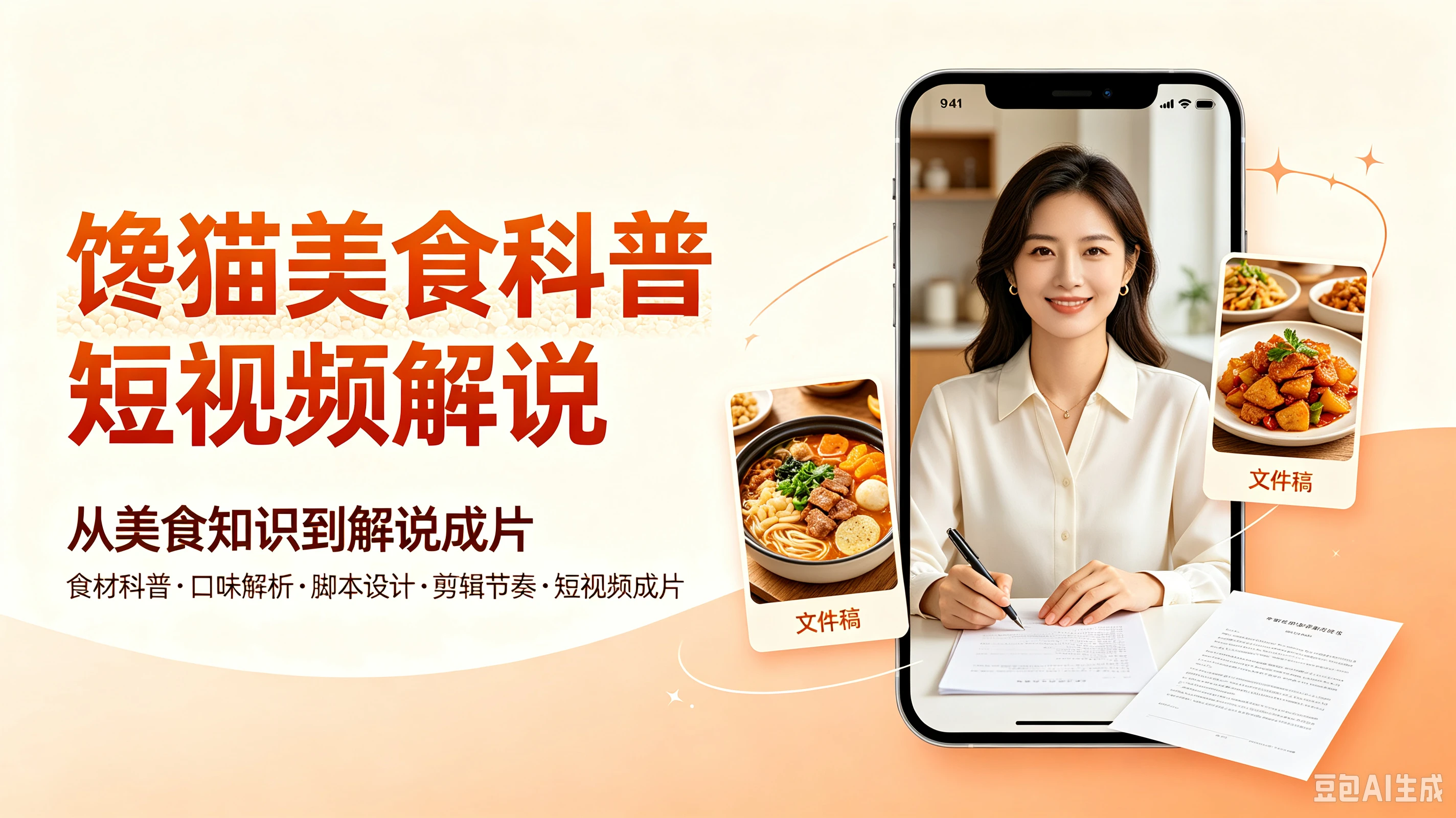 馋猫美食科普短视频解说,从美食知识到解说成片,食材科普、口味解析、脚本设计、剪辑节奏、短视频成片-离锋创库