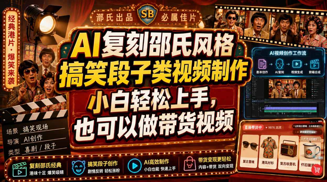 AI复刻邵氏风格搞笑段子类视频制作，小白轻松上手，也可以做带货视频-离锋创库
