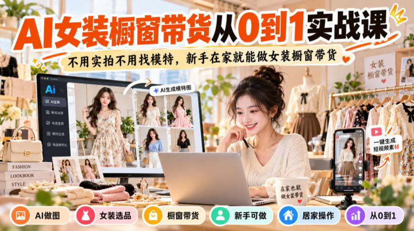 AI女装橱窗带货从0到1实战课,不用实拍不用找模特,新手在家就能做女装橱窗带货-离锋创库
