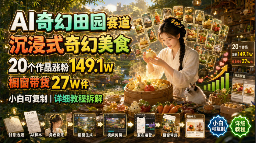 AI奇幻田园赛道，沉浸式奇幻美食，20个作品涨粉149.1W，橱窗带货27W件，小白可复制，详细教程拆解-离锋创库