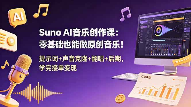 (18945期) Suno AI音乐创作课:零基础也能做原创音乐!提示词+声音克隆+翻唱+后期,学完接单变现-离锋创库