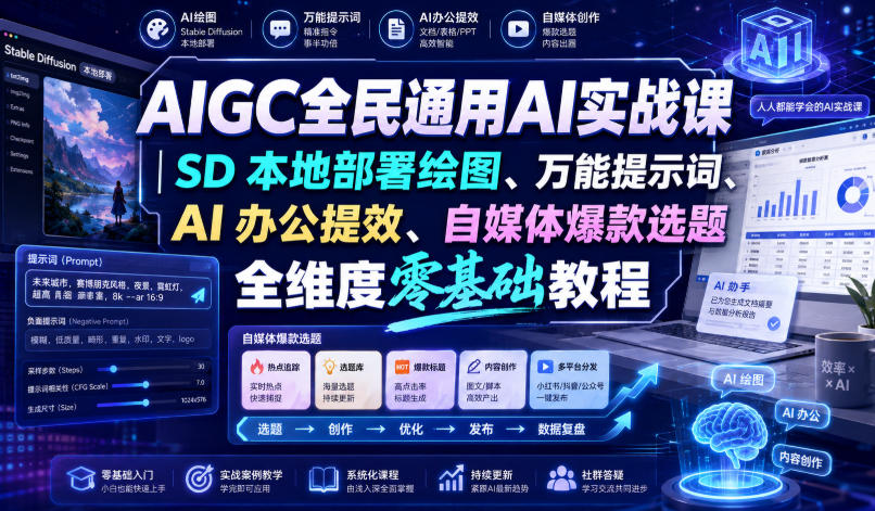 AIGC全民通用AI实战课|SD本地部署绘图、万能提示词、AI办公提效、自媒体爆款选题全维度零基础教程 AIGC全民通用AI实战课|SD本地部署绘图、万能提示词、AI办公提效、自媒体爆款选题全维度零基础教程
