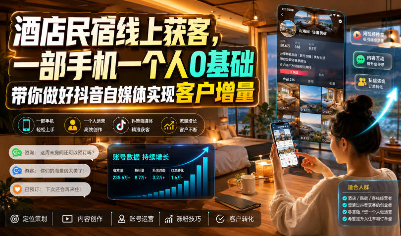 酒店民宿线上获客,一部手机一个人0基础带你做好抖音自媒体实现客户增量-离锋创库