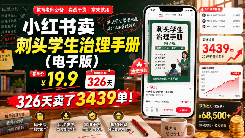 小红书卖刺头学生治理手册(电子版),客单价19.9,326天卖了3439单!-离锋创库