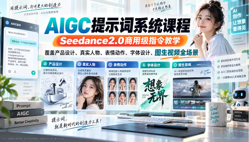 AIGC提示词系统课程，Seedance2.0商用级指令教学，覆盖产品设计、真实人物、表情动作、字体设计、图生视频全场景-离锋创库