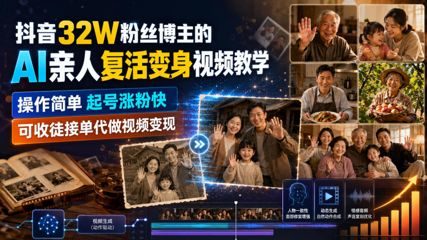 抖音32W粉丝博主的AI亲人复活变身视频教学，操作简单，起号涨粉快，可收徒接单代做视频变现-离锋创库