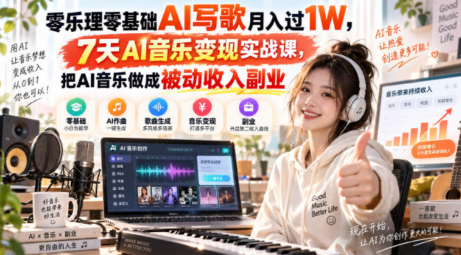 零乐理零基础AI写歌月入过1W,7天AI音乐变现实战课,把AI音乐做成被动收入副业 零乐理零基础AI写歌月入过1W,7天AI音乐变现实战课,把AI音乐做成被动收入副业