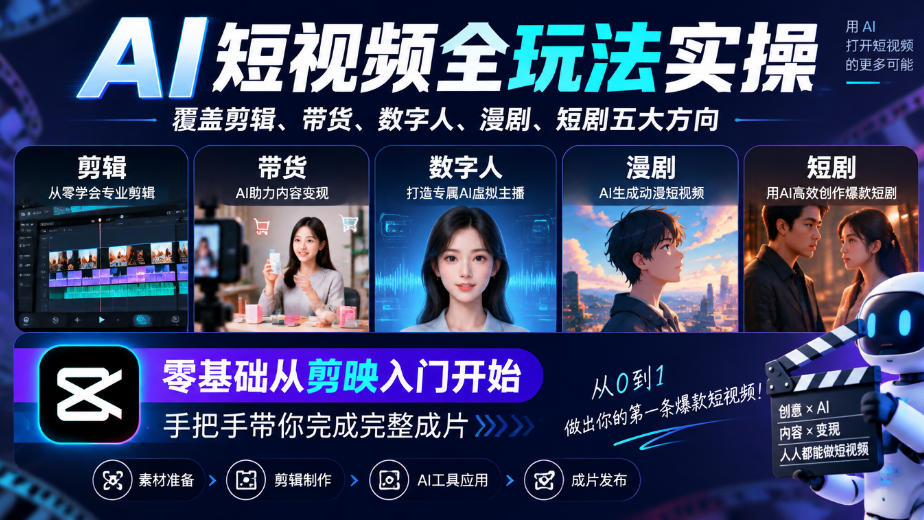 AI短视频全玩法实操,覆盖剪辑、带货、数字人、漫剧、短剧五大方向,零基础从剪映入门开始,手把手带你完成完整成片-离锋创库