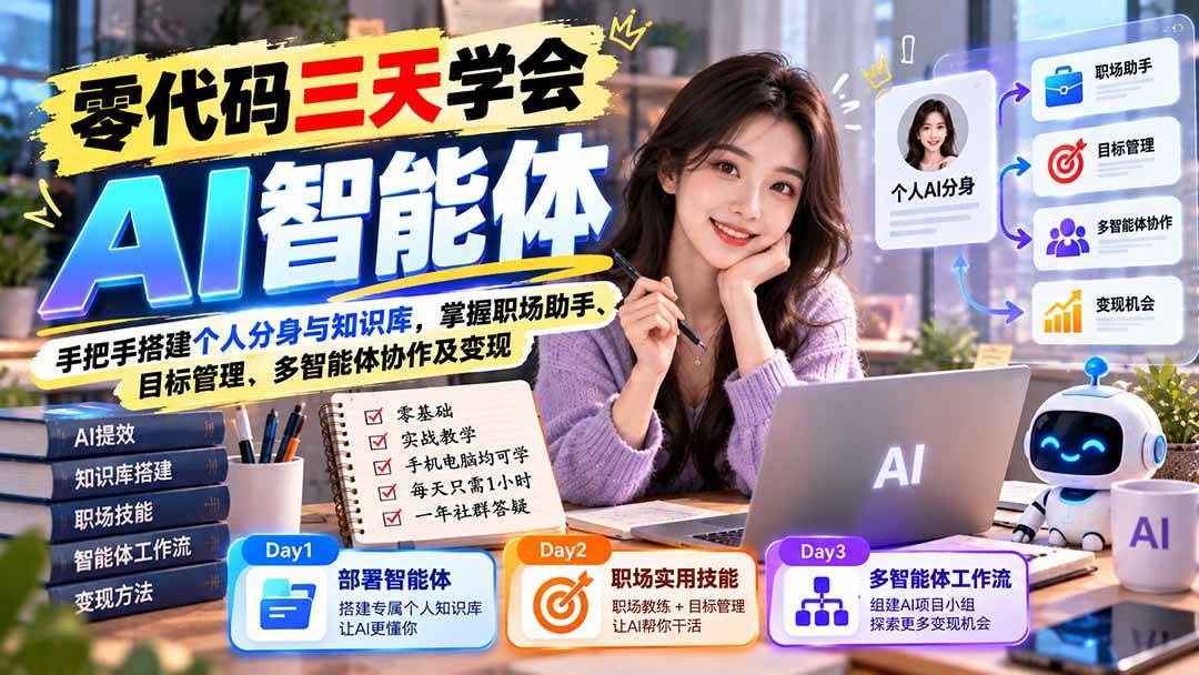 (20978期)【无水印】零代码三天学会AI智能体:手把手搭建个人分身与知识库,掌握职场助手、目标管理、多智能体协作及变现-离锋创库