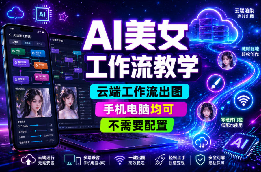 AI美女工作流教学，云端工作流出图，手机电脑均可，不需要配置，快速起号涨粉-离锋创库