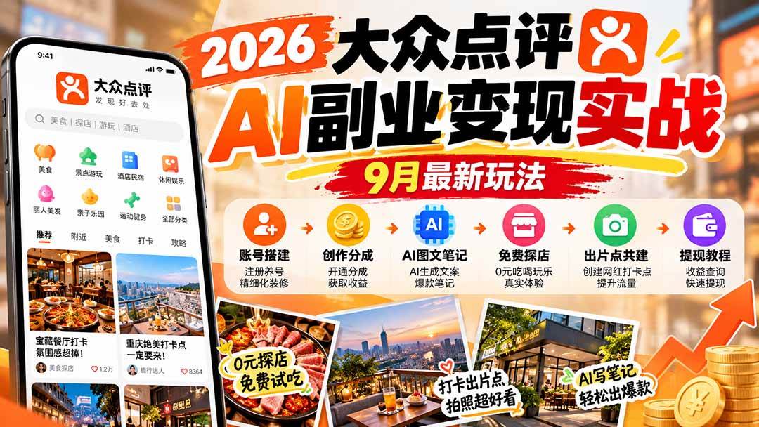 (20873期)2026大众点评AI副业变现实战9月最新玩法:账号搭建+创作分成+AI图文笔记+免费探店+出片点共建与提现教程-离锋创库