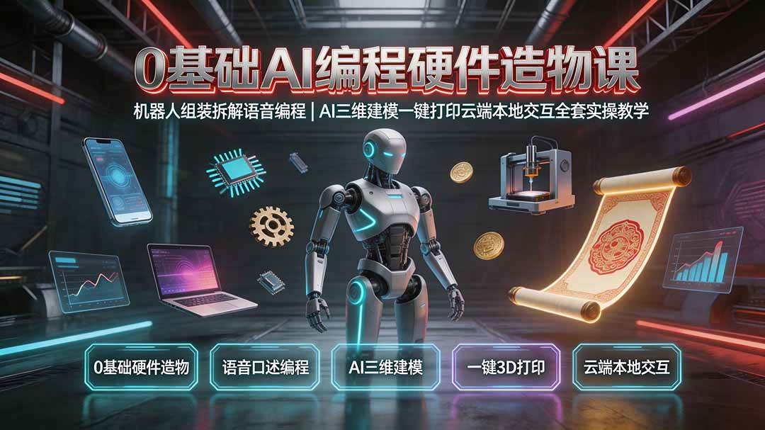 （19612期）0基础AI编程硬件造物课｜机器人组装拆解语音编程，AI三维建模一键打印云端本地交互全套实操教学-离锋创库