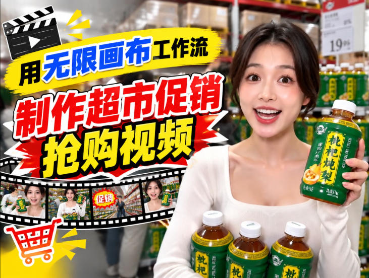 无限画布超市促销抢购视频工作流,一键产出TikTok抖音带货短视频-离锋创库