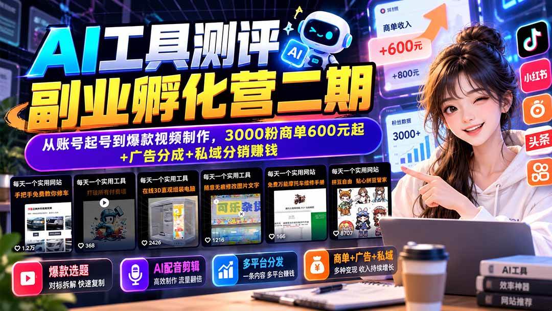 (20799期)AI工具测评副业孵化营二期:从账号起号到爆款视频制作,3000粉商单600元起+广告分成+私域分销赚钱-离锋创库