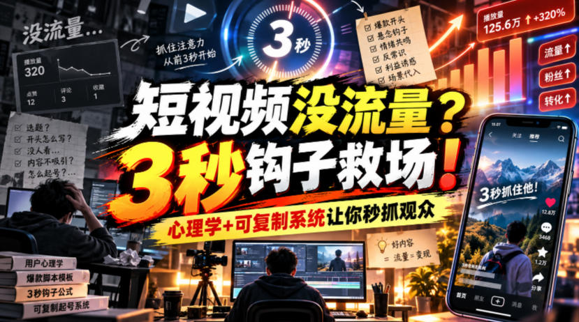 【无水印】短视频没流量？3秒钩子救场！心理学+可复制系统让你秒抓观众【原创双语字幕】-离锋创库