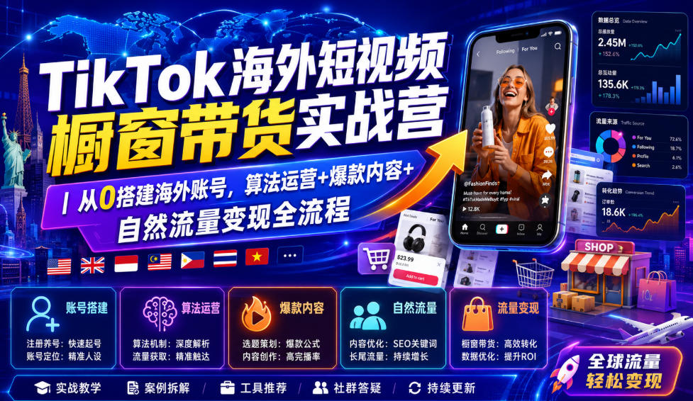 TikTok海外短视频橱窗带货实战营｜从0搭建海外账号，算法运营+爆款内容+自然流量变现全流程-离锋创库