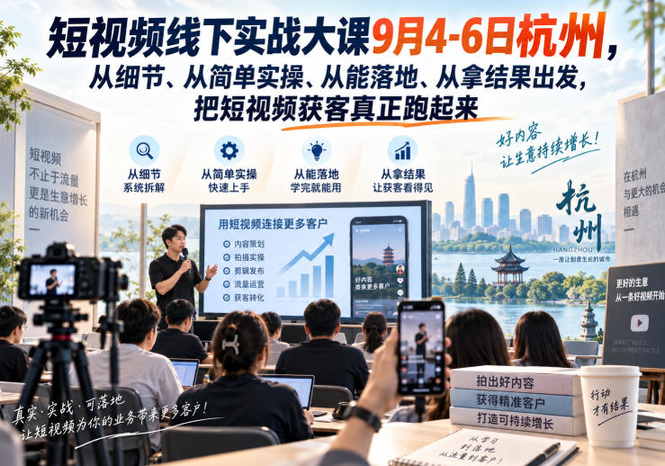 短视频线下实战大课9月4-6日杭州，从细节、从简单实操、从能落地、从拿结果出发，把短视频获客真正跑起来-离锋创库