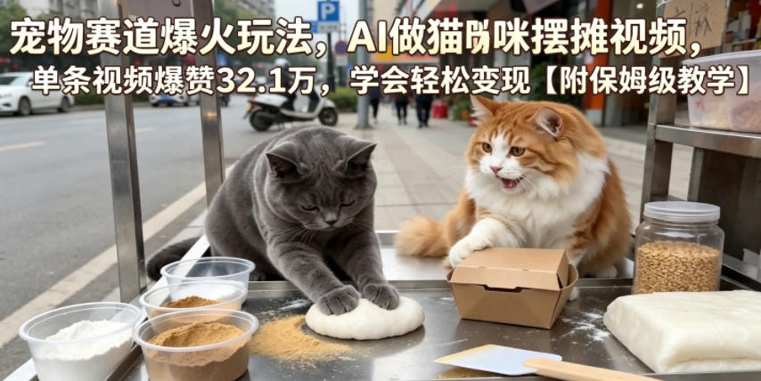 宠物赛道爆火玩法，AI做猫咪摆摊视频，单条视频爆赞32.1万，学会轻松变现【附保姆级教学】-离锋创库