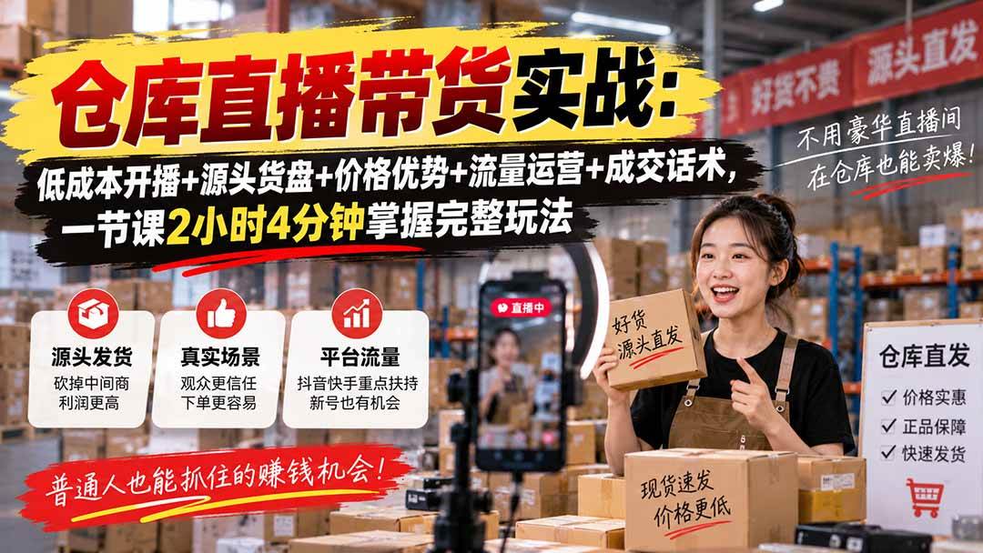 (20471期)仓库直播带货实战:低成本开播+源头货盘+价格优势+流量运营+成交话术,一节课2小时4分钟掌握完整玩法 (20471期)仓库直播带货实战:低成本开播+源头货盘+价格优势+流量运营+成交话术,一节课2小时4分钟掌握完整玩法