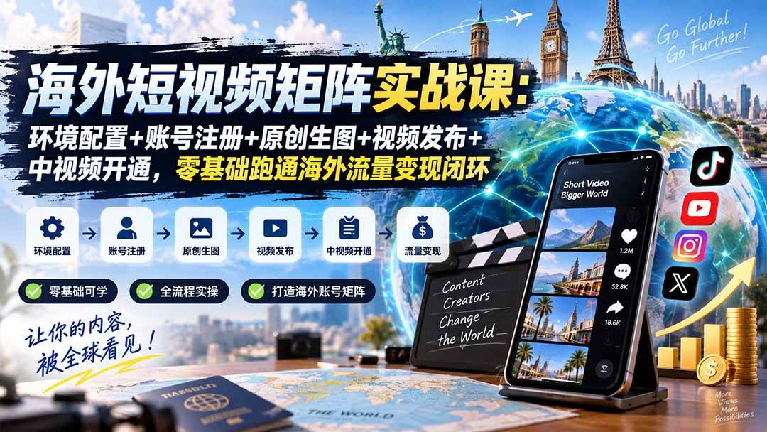 （20470期）海外短视频矩阵实战课：环境配置+账号注册+原创生图+视频发布+中视频开通，零基础跑通海外流量变现闭环-离锋创库