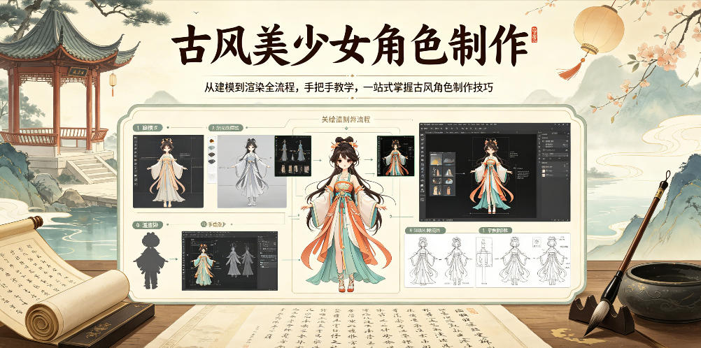 古风美少女角色制作，从建模到渲染全流程，手把手教学，一站式掌握古风角色制作技巧-离锋创库