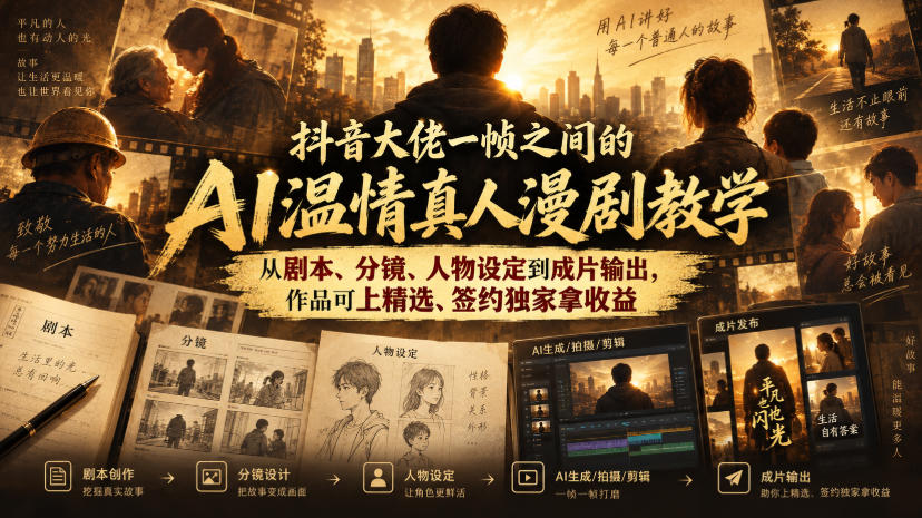 抖音大佬一帧之间的AI温情真人漫剧教学，从剧本、分镜、人物设定到成片输出，作品可上精选、签约独家拿收益-离锋创库