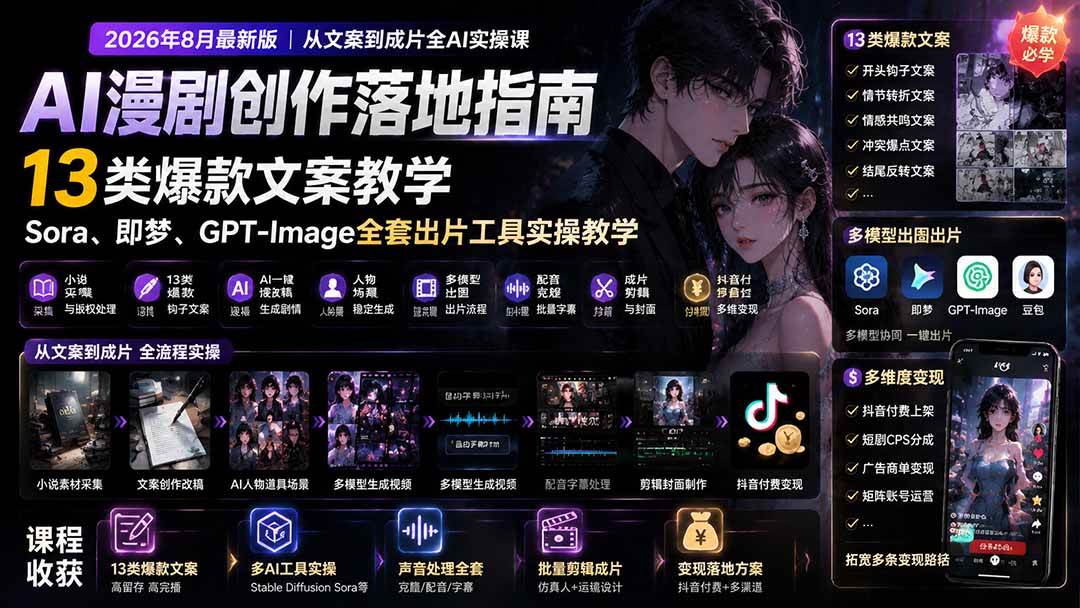 （19691期）AI漫剧创作落地指南｜13类爆款文案教学，Sora、即梦、GPT-Image全套出片工具实操教学-离锋创库