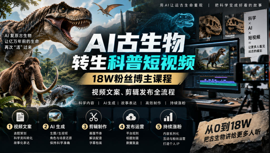 古生物AI科普短视频教学,带你从零基础到精通AI视频制作,实现古生物科普短视频制作的完整闭环,共2课时-离锋创库