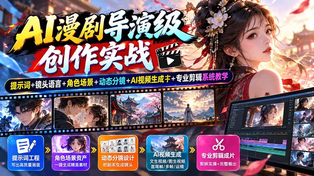 （20814期）AI漫剧导演级创作实战：提示词+镜头语言+角色场景+动态分镜+AI视频生成+专业剪辑系统教学-离锋创库