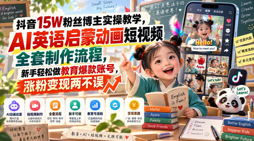 抖音15W粉丝博主实操教学，AI英语启蒙动画短视频全套制作流程，新手轻松做教育爆款账号，涨粉变现两不误-离锋创库
