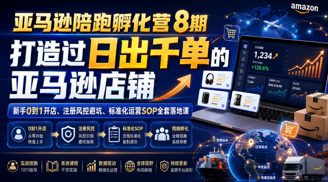 亚马逊陪跑孵化营8期，打造过日出千单的亚马逊店铺，新手0到1开店、注册风控避坑、标准化运营SOP全套落地课-离锋创库