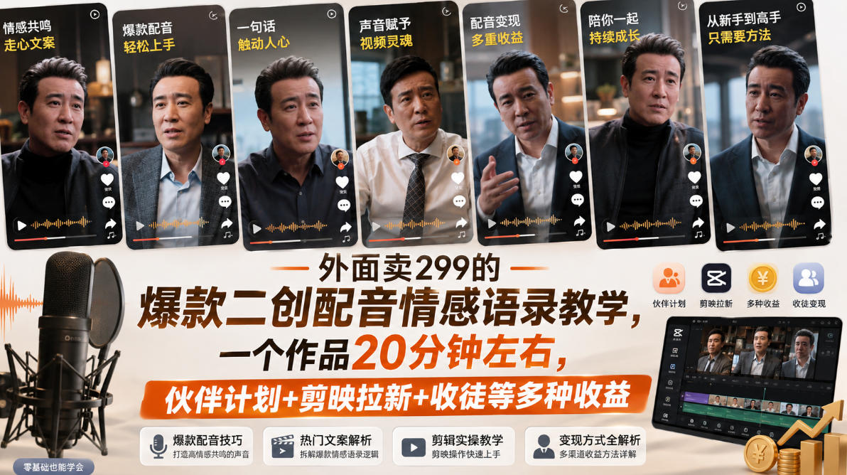 外面卖299的爆款二创配音情感语录教学，一个作品20分钟左右，伙伴计划+剪映拉新+收徒等多种收益-离锋创库