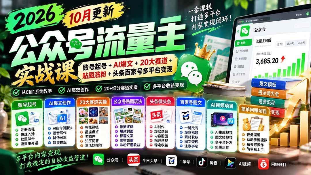 (20878期)2026公众号流量主实战课-10月更新:账号起号+AI爆文+20大赛道+贴图涨粉+头条百家号多平台变现-离锋创库