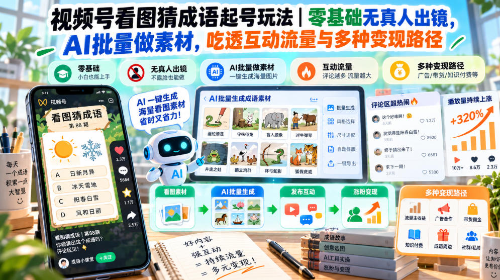 视频号看图猜成语起号玩法|零基础无真人出镜,AI批量做素材,吃透互动流量与多种变现路径-离锋创库