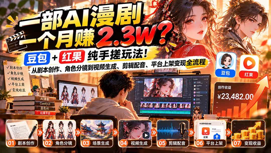 （21089期）一部AI漫剧一个月赚2.3W？豆包+红果纯手搓玩法！从剧本创作、角色分镜到视频生成、剪辑配音、平台上架变现全流程-离锋创库