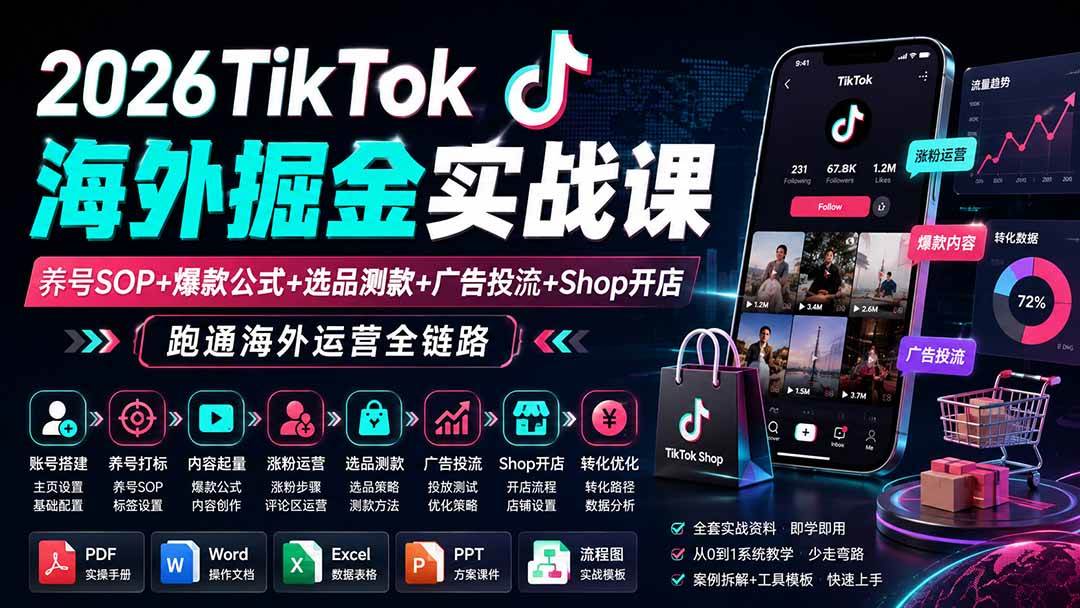 （19973期）2026TikTok海外掘金实战课——养号SOP+爆款公式+选品测款+广告投流+Shop开店，跑通海外运营全链路-离锋创库