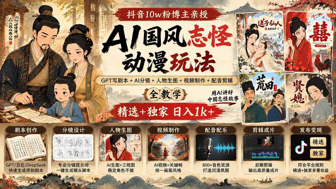 （20538期）抖音10w粉博主亲授AI国风志怪动漫玩法｜GPT写剧本+AI分镜+人物生图+视频制作+配音剪辑全教学｜精选+独家日入1k+-离锋创库