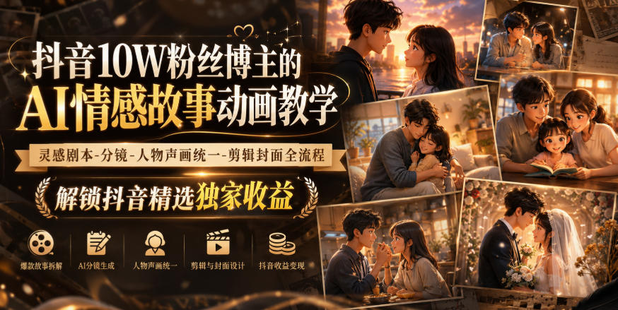 抖音10W粉丝博主的AI情感故事动画教学,灵感剧本‑分镜‑人物声画统一‑剪辑封面全流程,解锁抖音精选独家收益-离锋创库