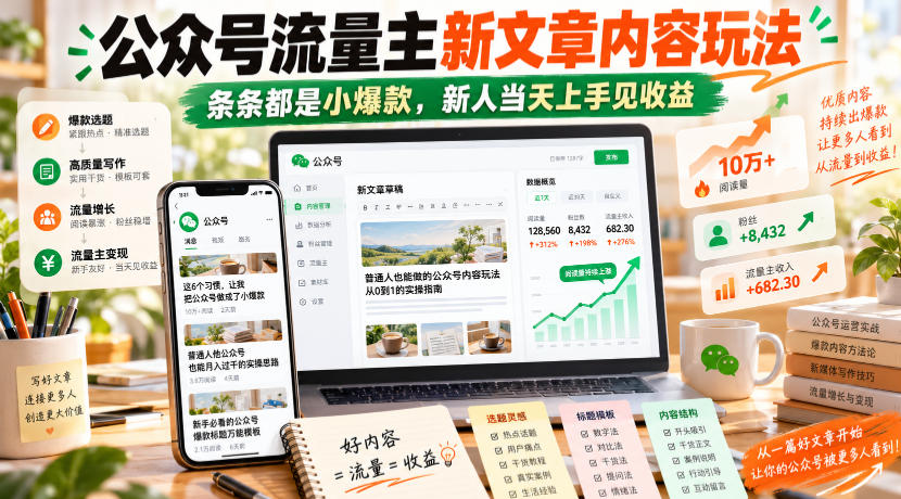 公众号流量主新文章内容玩法，条条都是小爆款，新人当天上手见收益-离锋创库