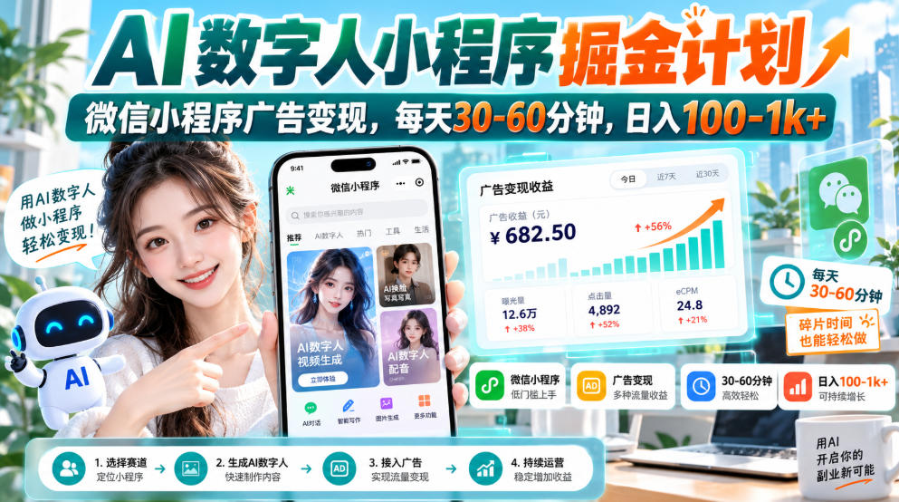 【无水印】AI数字人小程序掘金计划,微信小程序广告变现,每天30‑60分钟,日入100‑1k+ 【无水印】AI数字人小程序掘金计划,微信小程序广告变现,每天30‑60分钟,日入100‑1k+