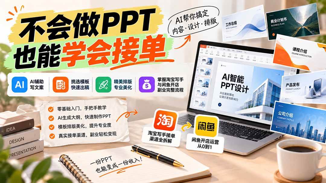 (20945期)不会做PPT也能学会接单:AI辅助写文案、挑模板、做排版,掌握淘宝写手与闲鱼开店副业完整流程-离锋创库