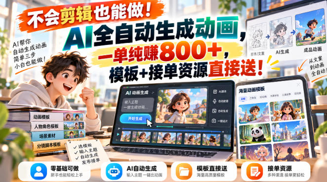 不会剪辑也能做！AI全自动生成动画，一单纯賺800+，模板+接单资源直接送！【揭秘】-离锋创库